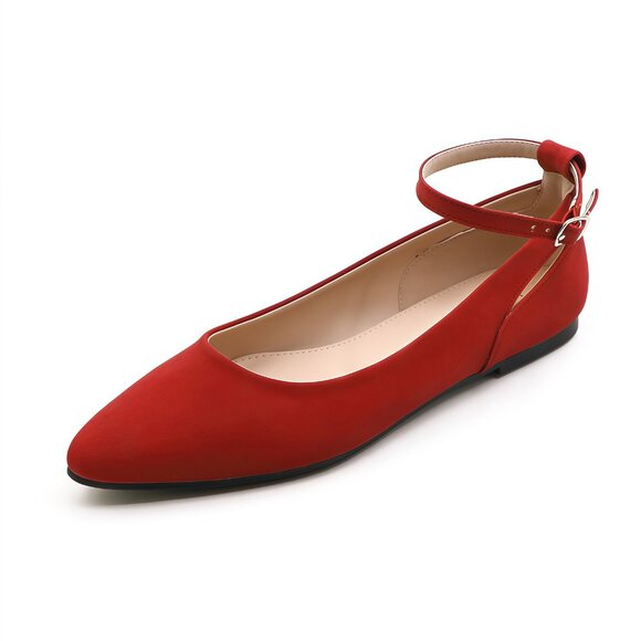 LURNYET Women's RED NUBUCK Casual Ankle Strap Pointed Toe Ballet Flats Shoes - Picture 3 of 6